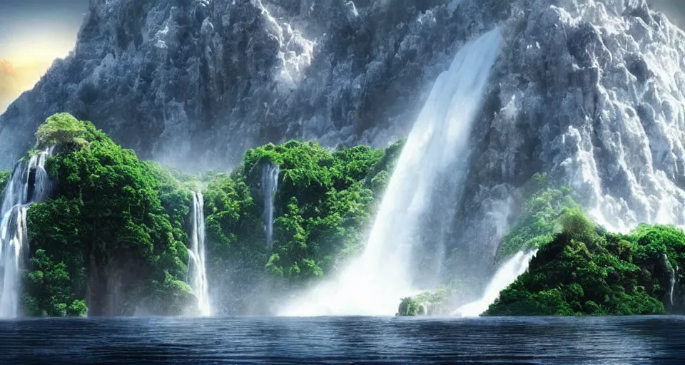 Image similar to A magnificent floating island in the sky above the sea, defying gravity, floating and flying island, waterfall falling down, epic lighting, epic composition, highly detailed