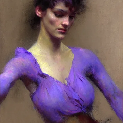 Image similar to a woman in a purple shirt with an emaciated body type, painting by Gaston Bussiere, Craig Mullins