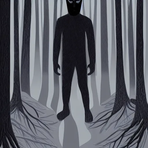 Image similar to hyper-detailed digital painting of a masked man in a dark forest