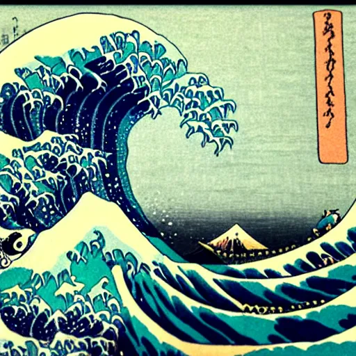 Prompt: ocean waves and mountains, Ukiyo-e style by Katsushika Hokusai