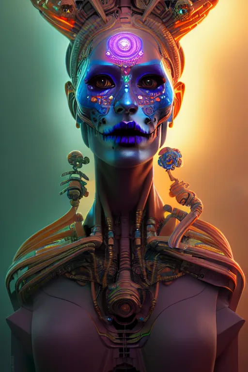 Prompt: ultra detailed female android deity, scifi, fantasy, octane render, unreal engine, dia de los muertos, asymmetrical intricate concept art, triadic color, art by godmachine and artgerm and greg rutkowski and alphonse mucha, 8 k, artstation, cgstation, behance