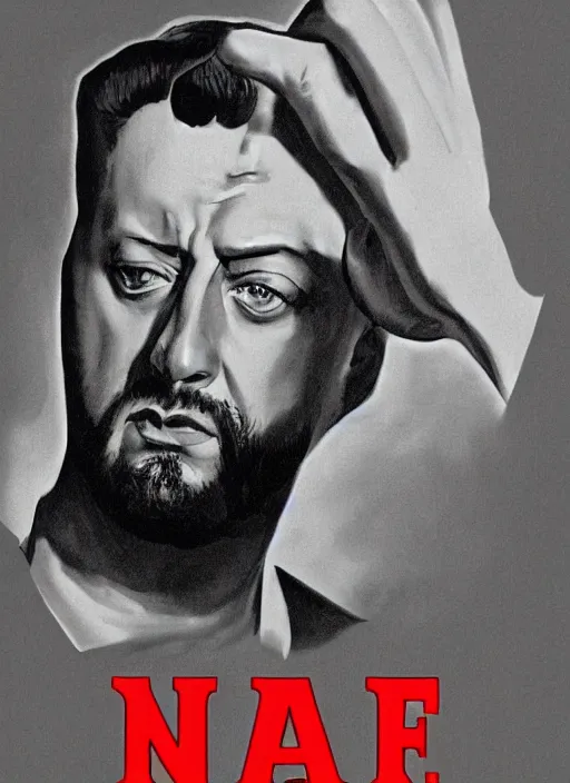 Image similar to Portrait Jean Reno gesture,look of hate, threatening pose, 1940s propaganda poster, full hd,highly detailed