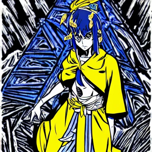 Prompt: a jojo's bizarre adventure manga artstyle drawing : Marie the mother of Jesus dressing blue and yellow next to the pyramids