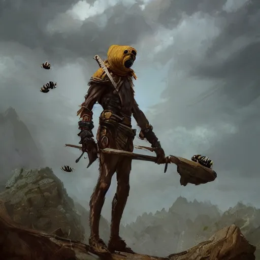 Prompt: a skinny Hunter from Stone Age surrounded by bees Greg Rutkowski and Raymond Swanland, Trending on Artstation, cloudy background, ultra realistic digital art