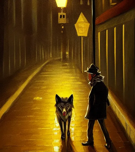 Prompt: wolf detective in a raincoat and a hat standing in a empty alley, smoking a cigarette, being illuminated by yellow street lights behind. oil painting. trending on artstation.