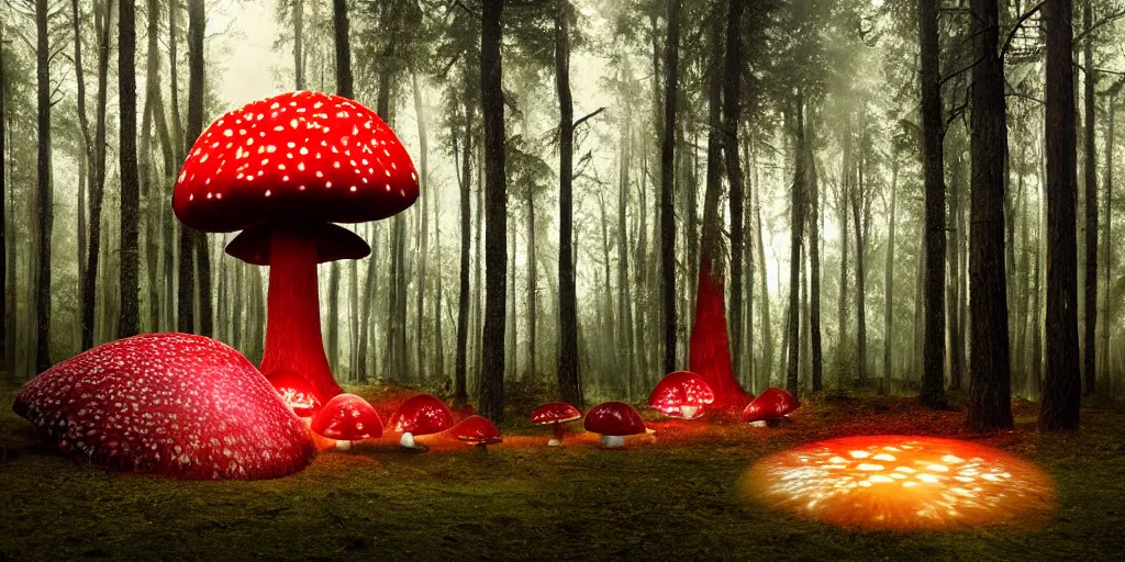 Image similar to Photo by Filip Hodas of the cinematic view of the Forest of the Giants, giant mushroom with a little transparency, some normal mushrooms on the floor, A very big red mushroom with white spots , photorealism, a few sun ray of lights falling, photo taken with canon 5D