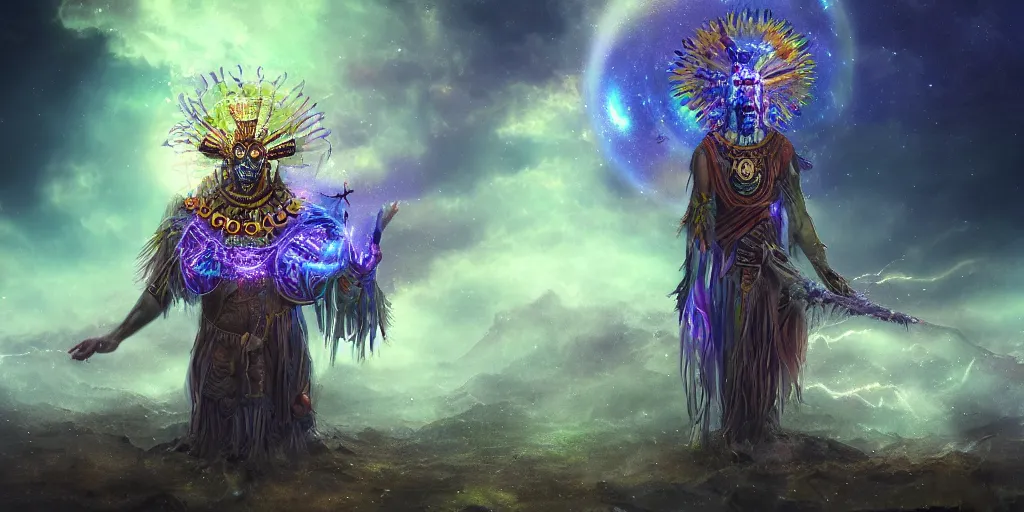 Prompt: cosmic shaman, fantasy apocalypse, digital art, 4 k