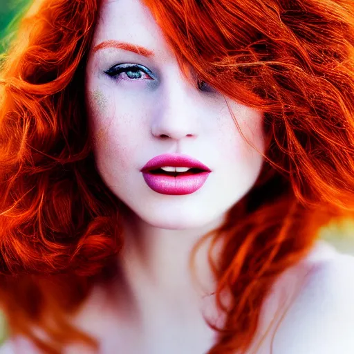 Prompt: beautiful redhead woman, photography, glamor shot, pointillism, closeup