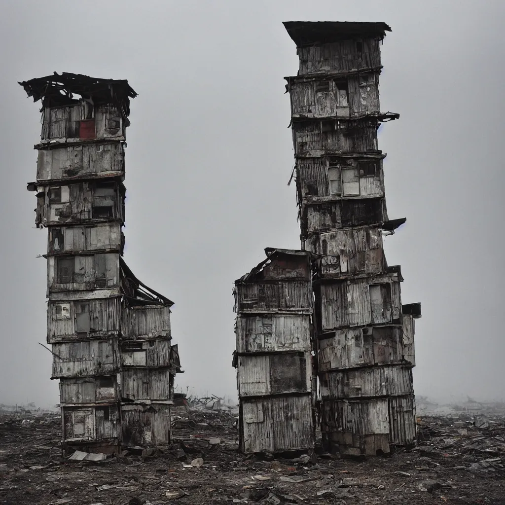 Image similar to two towers, made up of makeshift squatter shacks with faded colours in philippines, moody cloudy sky, uneven fog, dystopia, mamiya, f 1 1, fully frontal view, photographed by jeanette hagglund