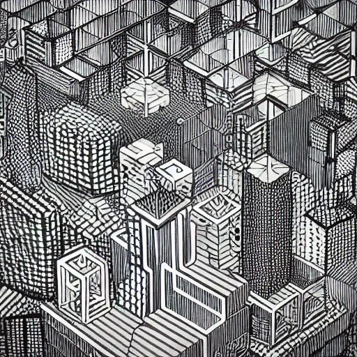 Prompt: “geometrically surreal cubescape city, extremely high detail, photorealistic, intricate line drawings, dotart, album art in the style of James Jean”