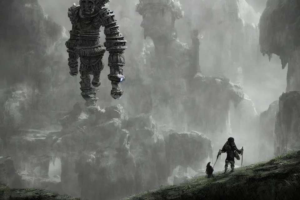 Prompt: the last divinity leaving this wolrd, lonely steps, long range, epic, shadow of the colossus aesthetic, trending on artstation,
