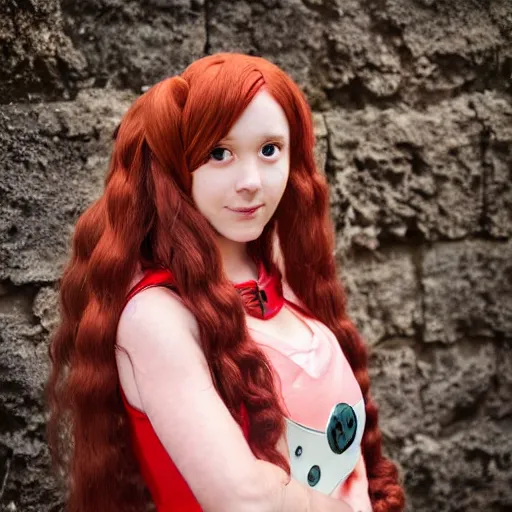 Image similar to woman with long curly red hair in villager cosplay from super smash brothers video game. relaxed. realistic photo. cosplay photoshoot. high detail. convention photo.