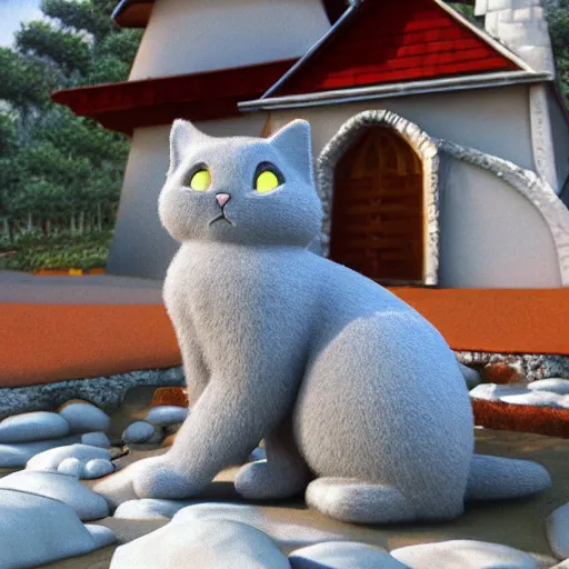 Prompt: claymation of a fluffy grey cat pointing it's paw at a priest in front of a white stave church by studio ghibli fantastic realism ultra - wide angle lens, early morning - - ar 4 : 3