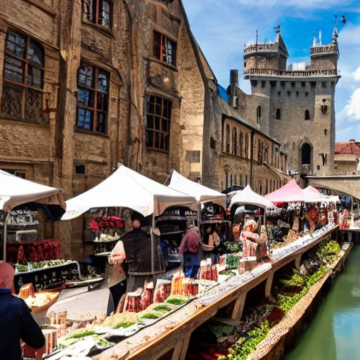 Prompt: medieval food market on a bridge