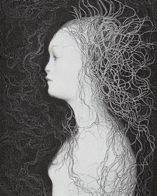 Image similar to a woman's face in profile, long flowing hair entwined in a coral reef, made of intricate decorative lace leaf, in the style of the dutch masters and gregory crewdson, dark and moody