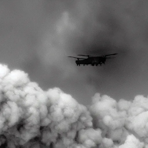 Prompt: combat drone strike war footage, ir, infrared color, saturated with green tint, very high contrast, nuclear cloud, high angle vertical, dirty, grainy, noisy, bad drone camera, airwaves, static,