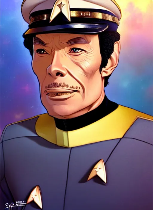 Image similar to cute star trek officer colonel gaddafi, natural lighting, path traced, highly detailed, high quality, digital painting, by don bluth and ross tran and studio ghibli and alphonse mucha, artgerm