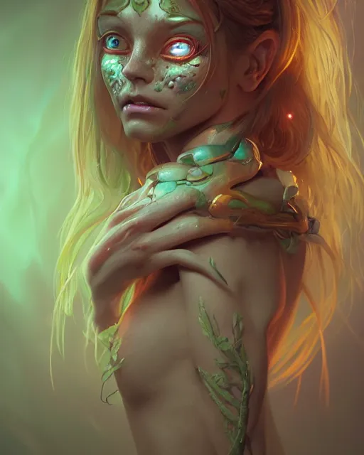 Image similar to portrait of a cute female monster, bioluminescent, veins, horror, happy, highly detailed, digital painting, cinematic, hyperrealism, dark retrowave, art by stanley lau and artgerm and magali villeneuve and alphonse mucha, artstation, octane render, cgsociety