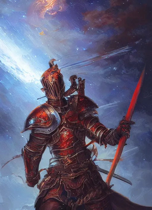 Image similar to character illustration of a knight wielding a flaming sword, night sky, intricate, highly detailed, digital painting, artstation, illustration, sharp focus, Dungeons and Dragons art, art by ralph horsley and greg rutkowski