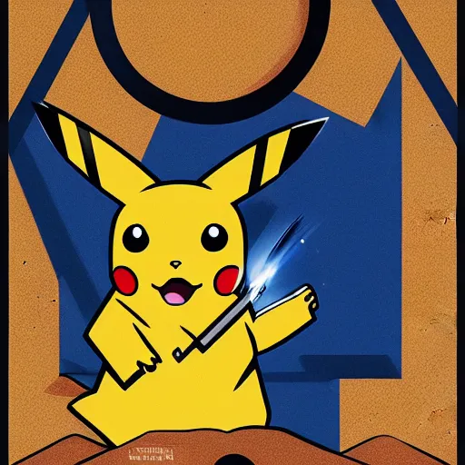 Image similar to digital art, trending on artstation, pikachu firing a thunderbolt at the holy family from barcelona