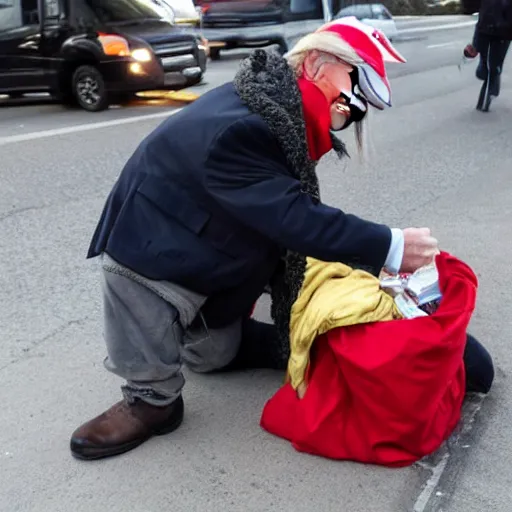 Image similar to donald trump dressed as a homeless man asking for money on the streets