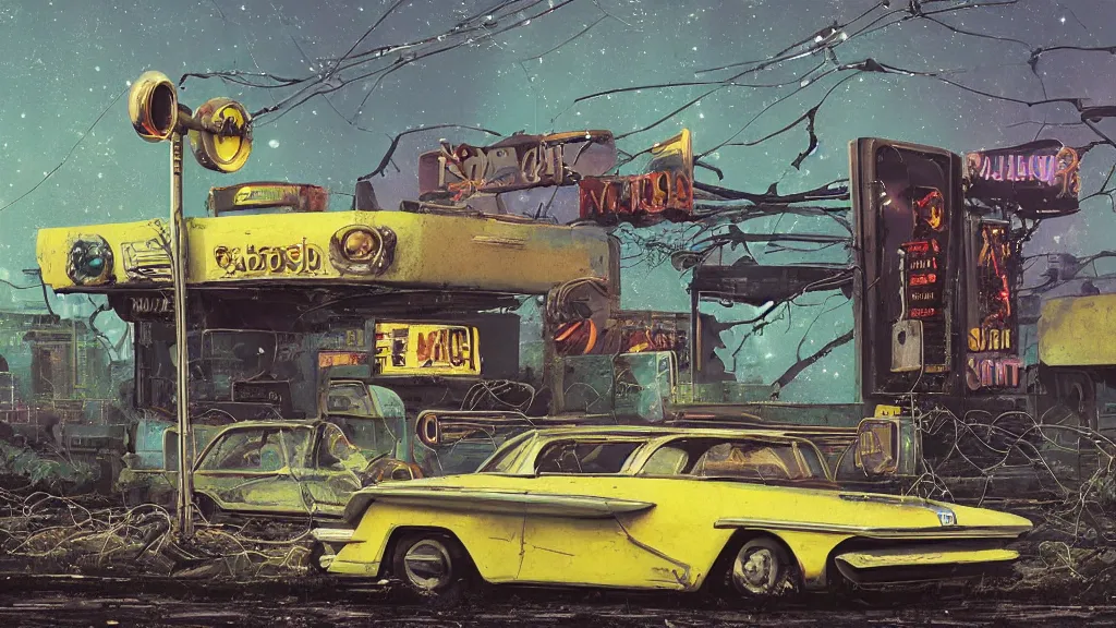 Prompt: A 1960s era robot! on a faded yellow couch in front of a rusted and dilapidated gas station. The stars! of the Milky Way shine above a broken neon sign, ground is cracked with vines fantasy concept art by Greg Rutkowski