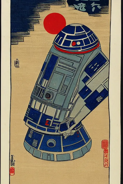 Image similar to Japanese woodblock print of r2d2, hokusai