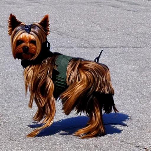 Prompt: Yorkie dog soldier, brave, elegant, intricate, smooth