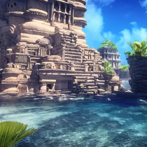 Image similar to the lost city of atlantis, ray traced, unreal engine, underwater, ruins, beautiful