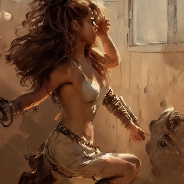 Image similar to shakira escaping prison, portrait, elegant, intricate, digital painting, artstation, concept art, smooth, sharp focus, illustration, art by konstantin korovin and daniel f. gerhartz and john howe