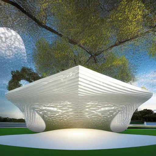 Image similar to evolving fractal, flowing white architectural Villa, futuristic 3D, voronoi pattern pavilion with magnolias on the roof, perforated shaders, sunrays through the pavilion structure, lush botanical trees, prairie landscaping, sunrise, golden hour, illuminated pool, fluffy clouds