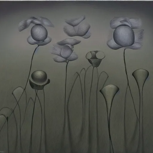 Image similar to flower sea, a surrealist painting by gertrude abercrombie. surrealism, dark, low contrast, featured on pixiv, precisionism, surrealist, art on instagram, detailed painting