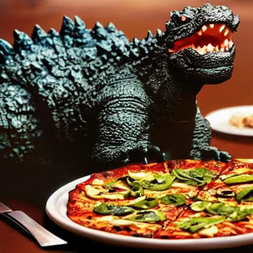 Image similar to an godzilla eating pizza with a fork