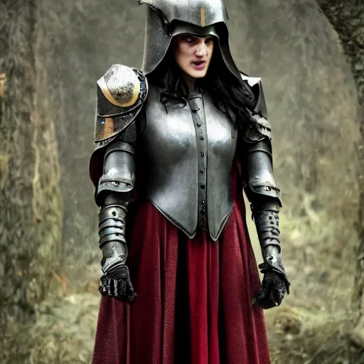 Image similar to Katie McGrath as Morgana wearing a suit of medieval-style magic power armor