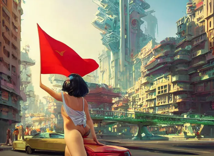 Image similar to gorgeous bright girl waving a red flag over her head enthusiastically regulating hover car traffic in a Mandelbrot fractal futuristic bustling utopian city by Craig Mullins, ilya kuvshinov, krenz cushart, artgerm trending on artstation by Edward Hopper and Dan Mumford and WLOP and Rutkovsky, Unreal Engine 5, Lumen, Nanite
