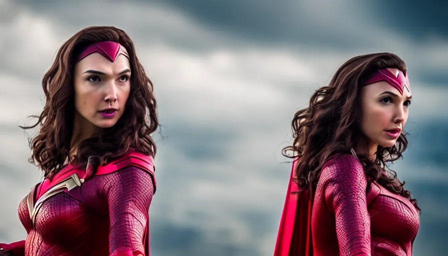 Prompt: cosplay Gal Gadot as Scarlet Witch highly detailed, photography 4k, ultra wide, f1.8 anamorphic, bokeh, 4k,