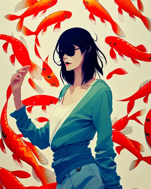 Image similar to a ultradetailed beautiful panting of a stylish woman surrounded by floating koi fish, by conrad roset, greg rutkowski and makoto shinkai, trending on artstation