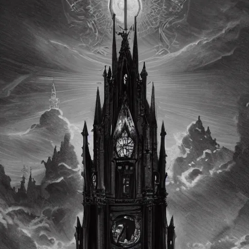 Image similar to an ultra detailed black and white tarot card of a lonely and impossibly tall ominous gothic dark tower elevated high above the city, in a river elevated high above the city, fantasy capital city, ultrawide lense, aerial photography, volumetric lighting, exquisite detail, 8 k, art by greg rutkowski and alphonse mucha