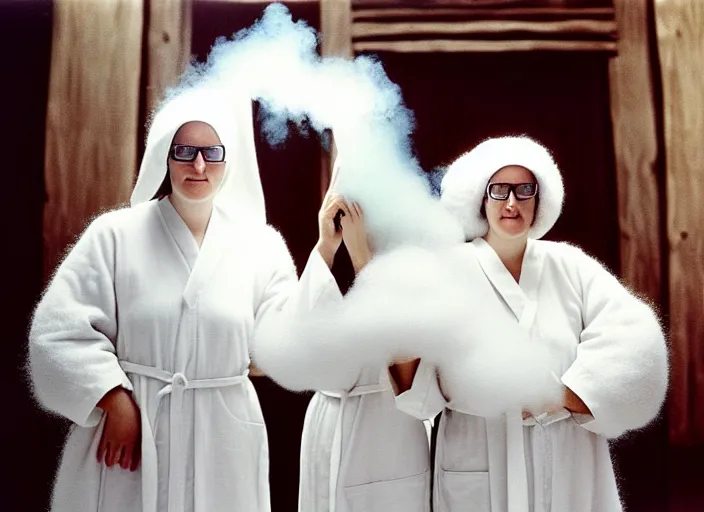 Image similar to realistic photo of a two medieval female nuns scientists wearing white cotton robes, doing an experiment with a fluffy furry fur cloud, living room interior is made of wood 1 9 9 0, life magazine reportage photo, natural colors