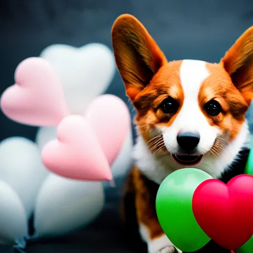 Image similar to a corgi with a heart shaped balloon, very detailed, photo by annie leibovitz, Sigma 85mm, f/1.4