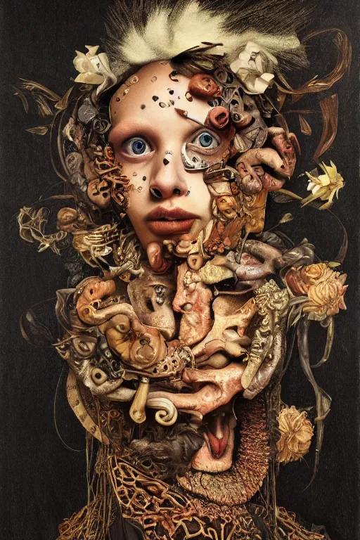 Image similar to Detailed maximalist portrait with large lips and with large wide eyes, surprised expression, surreal extra flesh and bones, HD mixed media, 3D collage, highly detailed and intricate, illustration in the golden ratio, in the style of Caravaggio, dark art, baroque