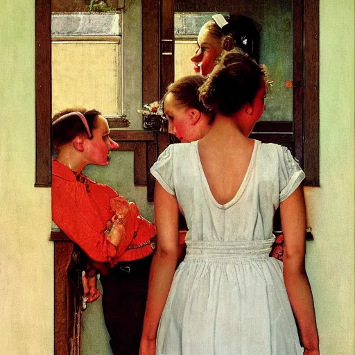 Prompt: high quality high detail painting by norman rockwell, hd, two beautiful young women are conjoined twins, photorealistic lighting