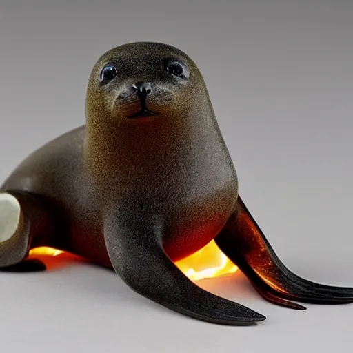 Prompt: a beautiful art toy figurine of a anguished south american fur seal, oiled and fire