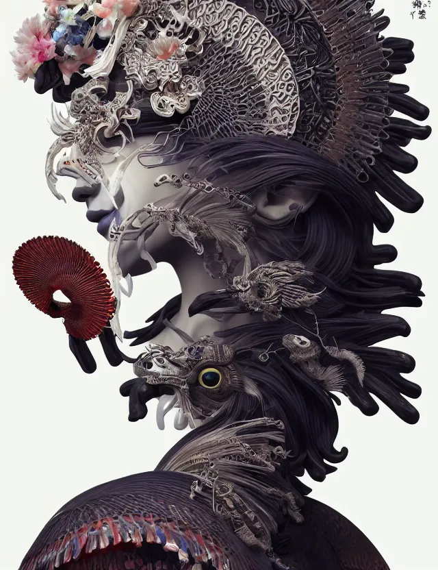 Image similar to 3 d goddess close - up profile portrait ram skull. beautiful intricately detailed japanese crow kitsune mask and clasical japanese kimono. betta fish, jellyfish phoenix, bio luminescent, plasma, ice, water, wind, creature, artwork by tooth wu and wlop and beeple and greg rutkowski