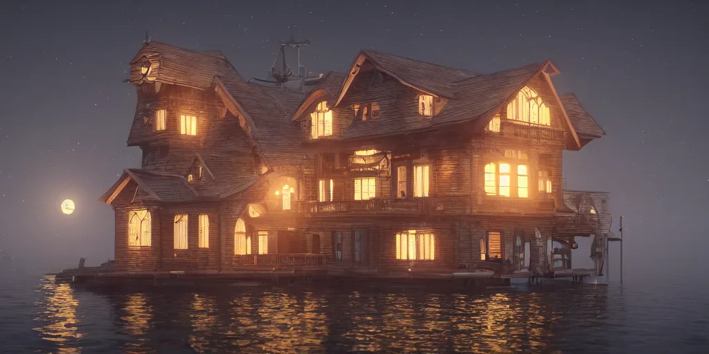 Prompt: photorealistic wide shot of a beautiful clockpunk house that floats on the water in the moonlight, octane render, unreal engine 4k, volumetric light, fog, detailed