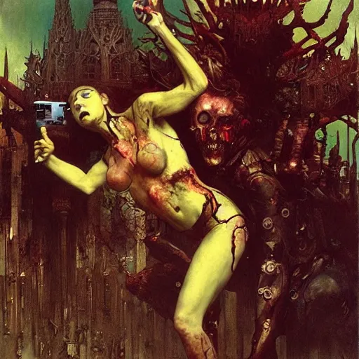 Prompt: riot of the cyberpunk zombies by bourguereau, mucha and beksinski, hyper real