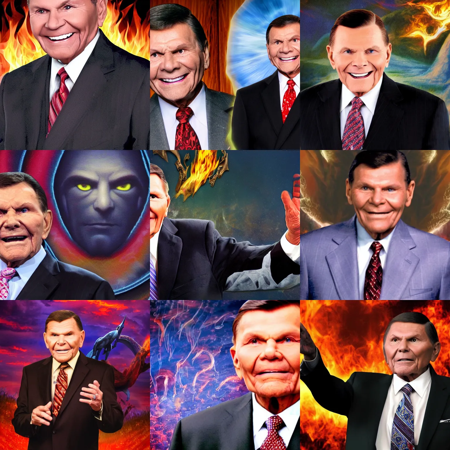 Prompt: high quality photo of christian televangelist kenneth copeland as lucifer, hellfire background
