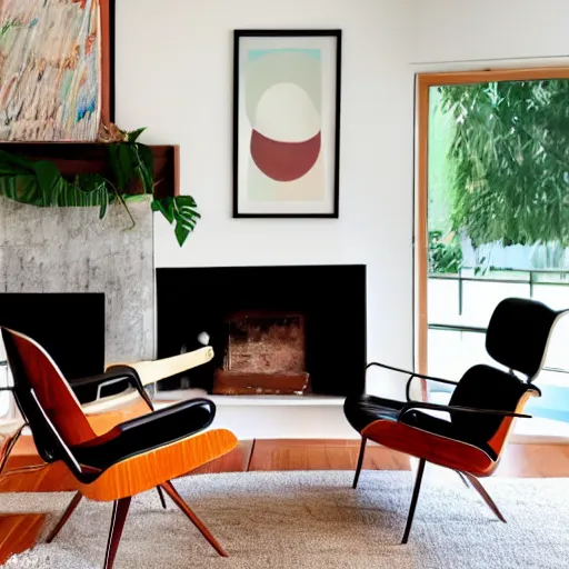 Prompt: the interior of a mid century modern living room with an eames chair