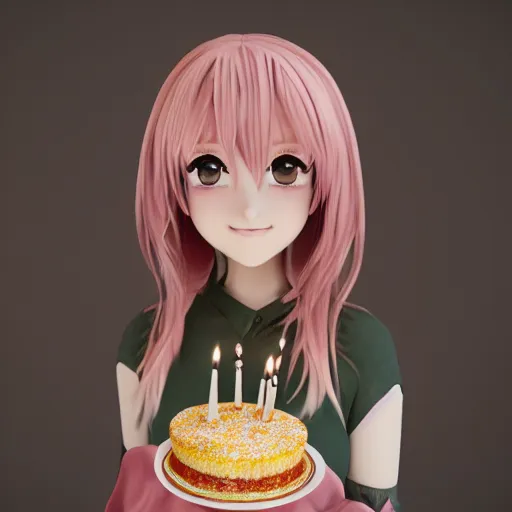 Image similar to Render of a beautiful 3d anime woman holding a birthday cake to show the camera, long light pink hair, full bangs, hazel eyes, cute freckles, full round face, smug smile, Chinese heritage, cute checkerboard sundress, golden hour, serene beach setting, medium shot, mid-shot, hyperdetailed, trending on Artstation, Unreal Engine 4k