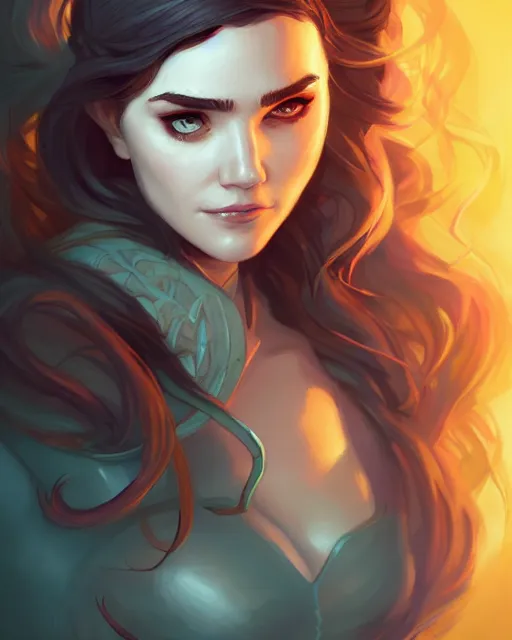 Image similar to portrait of Jennifer Connelly as Huntress, art by lois van baarle and loish and ross tran and rossdraws and sam yang and samdoesarts and artgerm, middle shot, digital art, highly detailed, intricate, sharp focus, Trending on Artstation HQ, deviantart, unreal engine 5, 4K UHD image